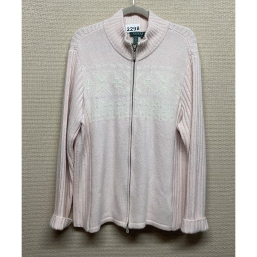 VTG Lauren Ralph Lauren PalePink Nordic Full Zip Cardigan Women 2X Hong Kong